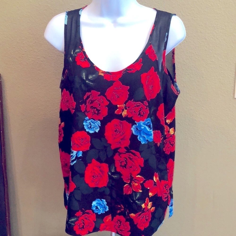 Vince Camuto Sleeveless Tank Top Floral Print Black Sheer Panels Women's Small